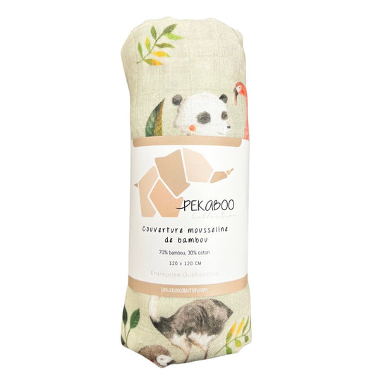 Couverture mousseline de bambou - Tortue flamants ours pandas canard sauge