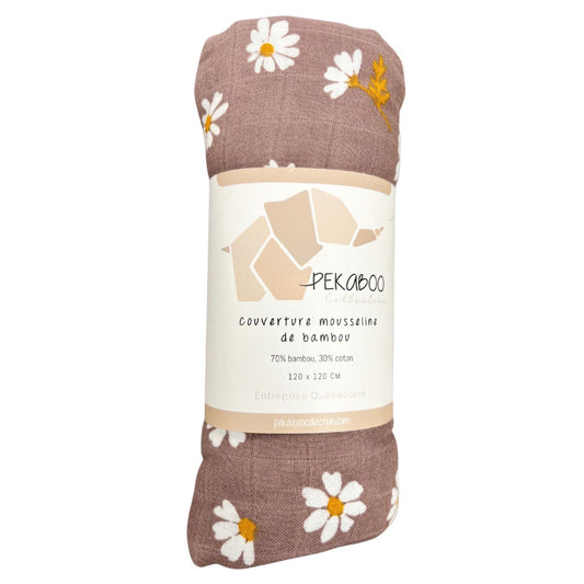 Couverture mousseline de bambou - Marguerite vieux mauve