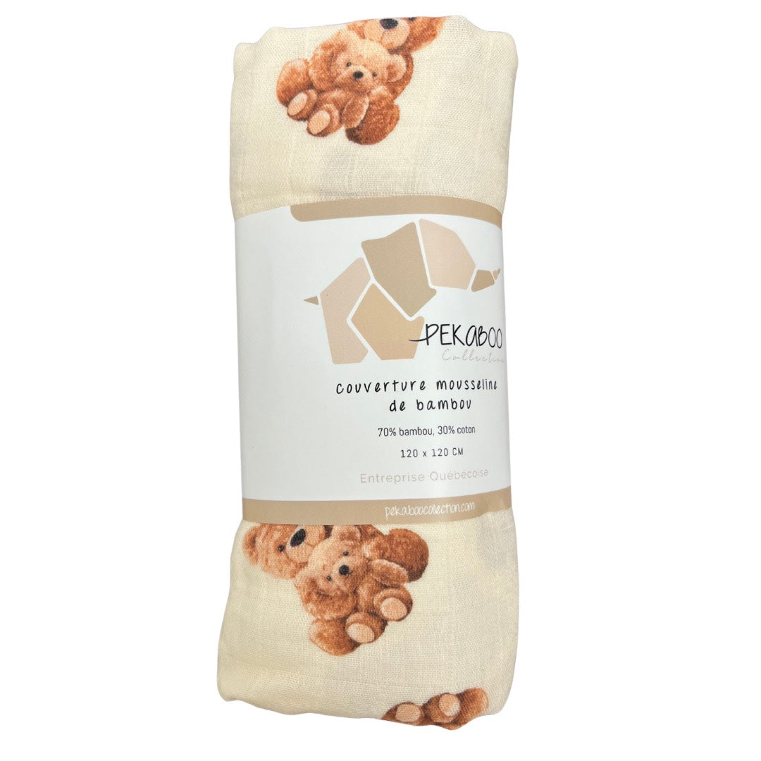 Couverture mousseline de bambou - Ourson beige baby