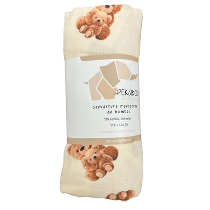 Couverture mousseline de bambou - Ourson beige baby