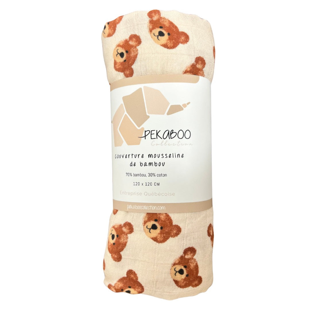 Couverture mousseline de bambou - Figure ourson rust