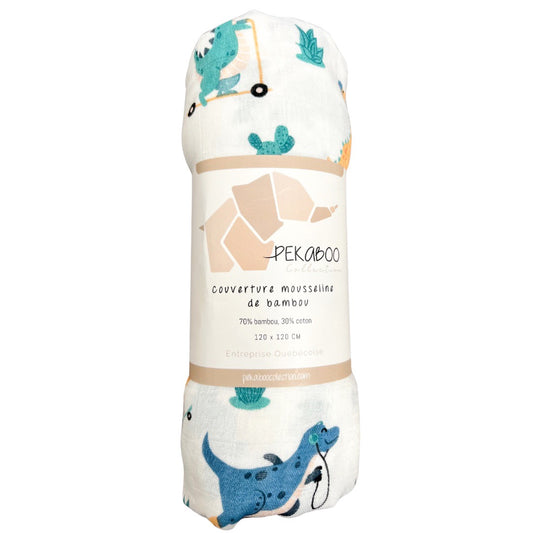 Couverture mousseline de bambou - Dinosaures trottinette et skateboard