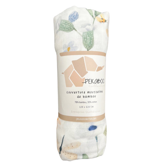 Couverture mousseline de bambou - Libellules et fleurs