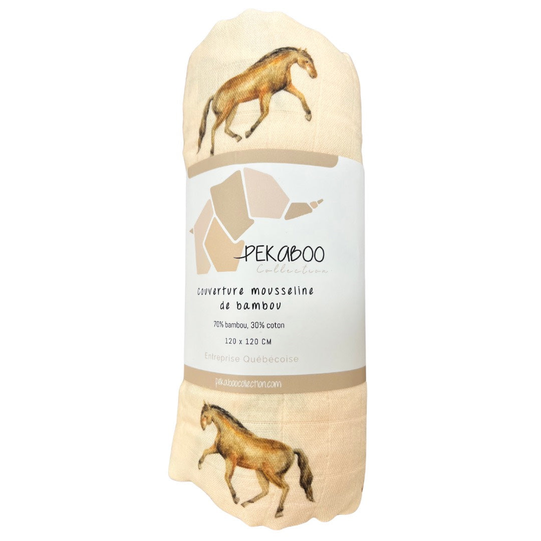 Couverture mousseline de bambou - Chevaux et feuillage beige