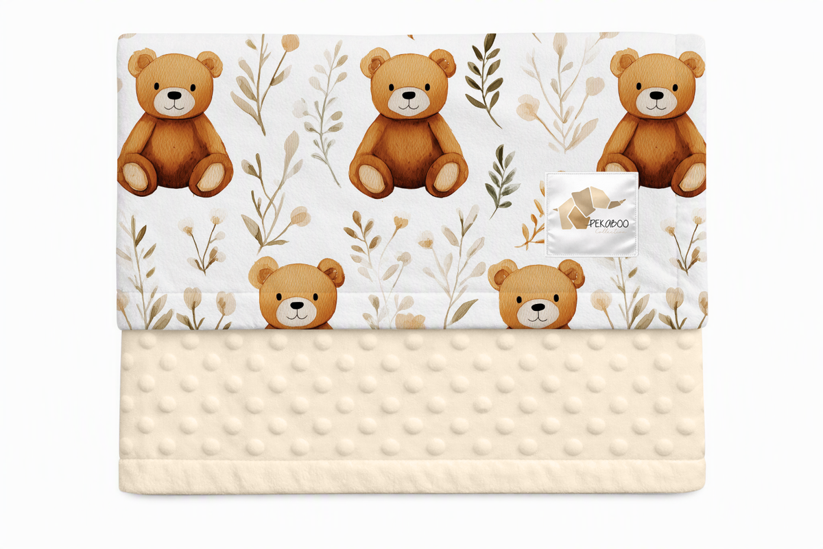 Couverture minky - Oursons et feuillage pastel