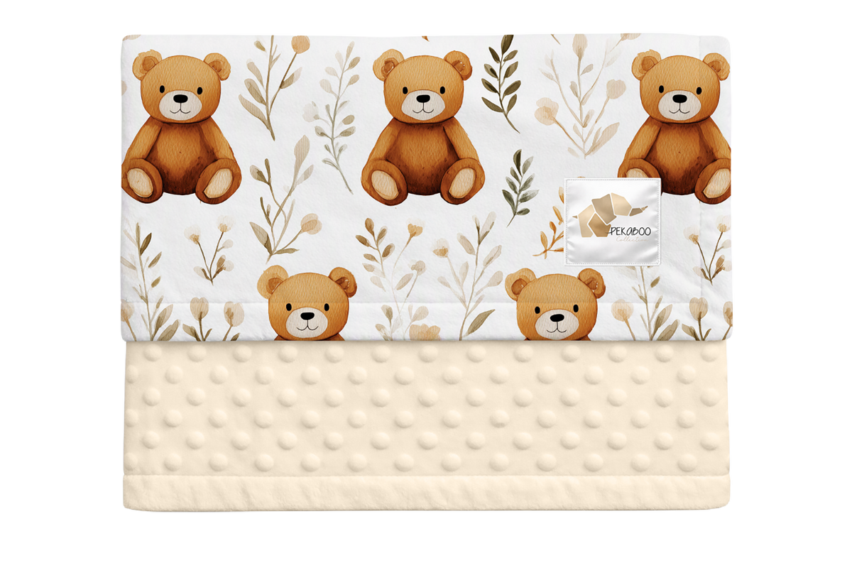 Couverture minky - Oursons et feuillages pastel