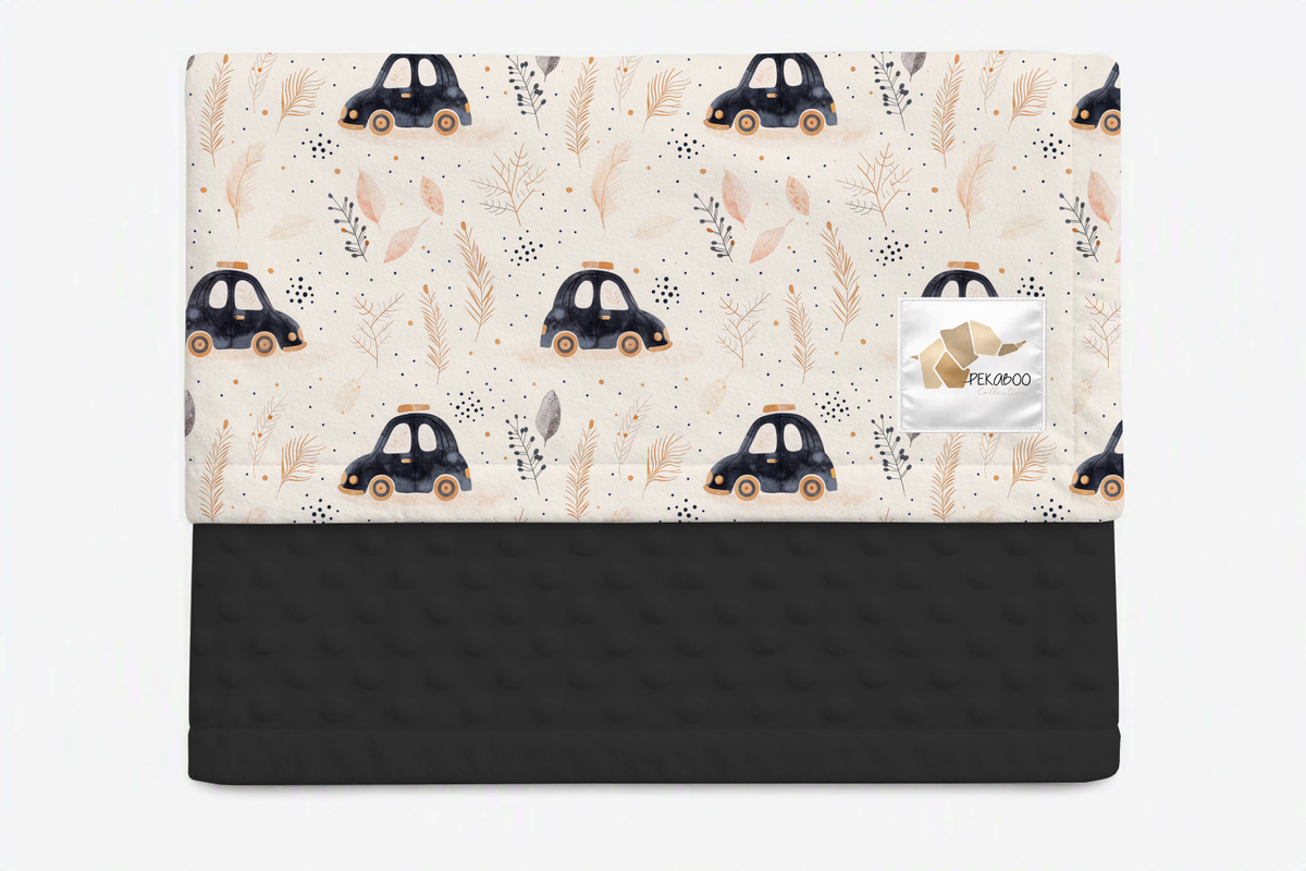 Couverture minky - Voitures vintage noires et feuillages dorés