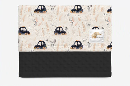 Couverture minky - Voitures vintage noires et feuillages dorés
