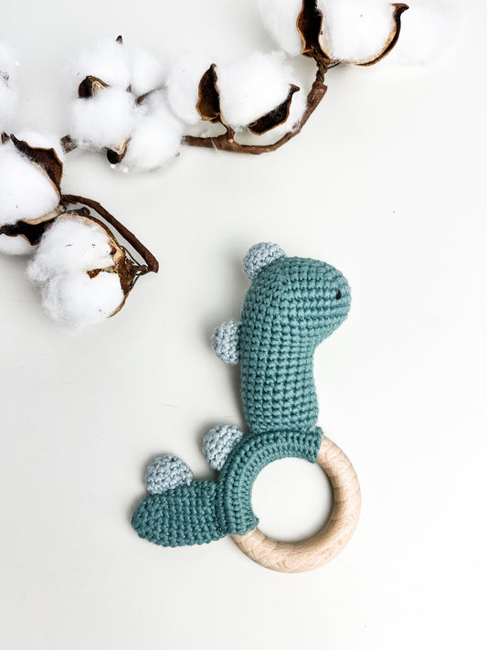 Hochet bois et crochet - Dino vert-bleu