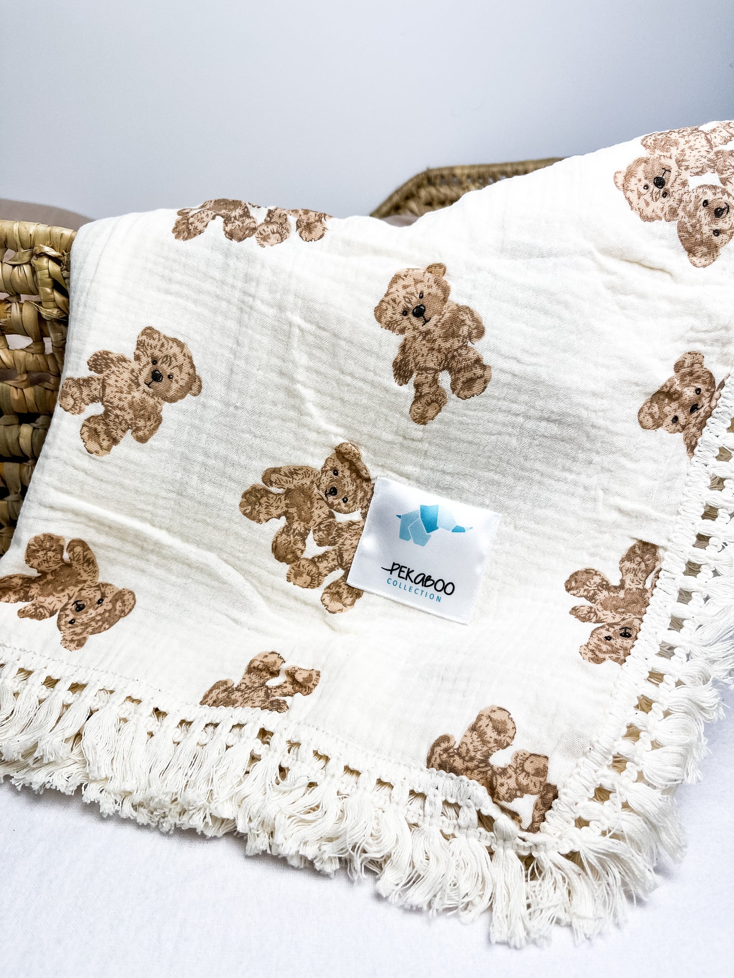 Couverture mousseline avec franges - Oursons peluche