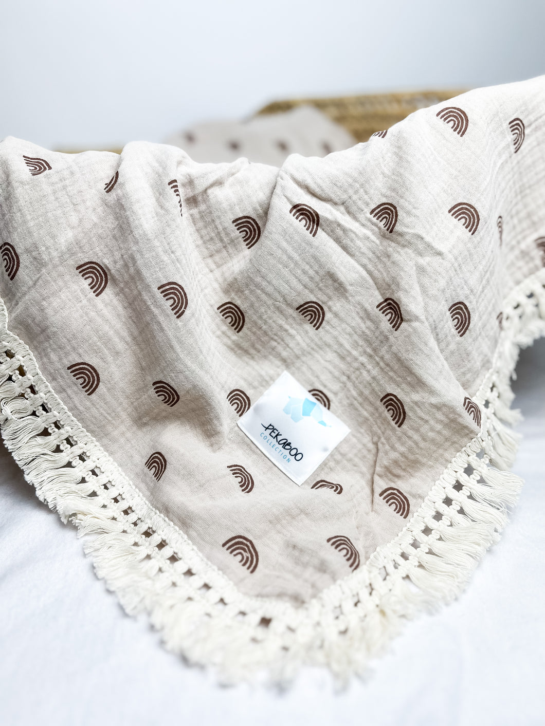 Couverture mousseline avec franges-Rainbow beige