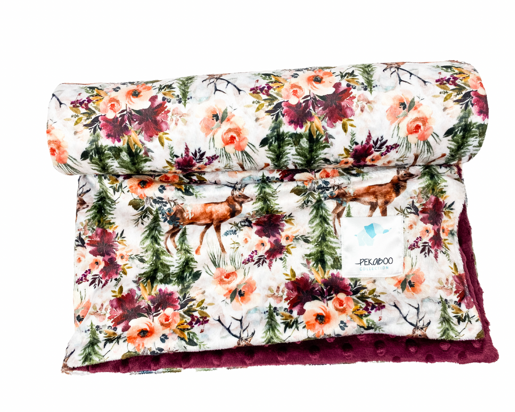 Couverture minky-Chevreuils fleuris bourgogne
