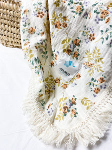 Couverture mousseline avec franges-Fleurs vintage