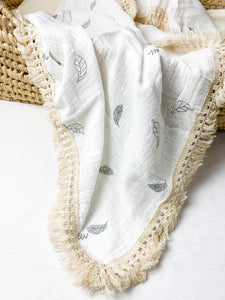Couverture mousseline avec franges-Feuilles