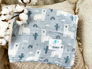 Couverture mousseline de coton -Lamas et cactus bleus