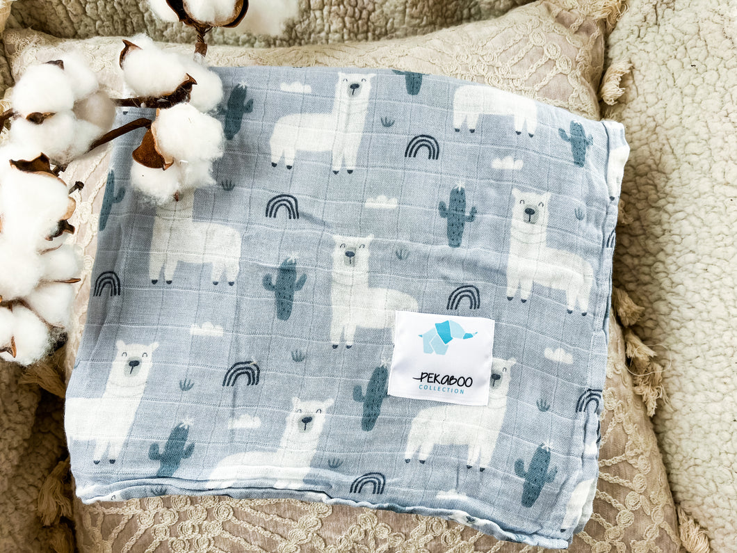 Couverture mousseline de coton -Lamas et cactus bleus