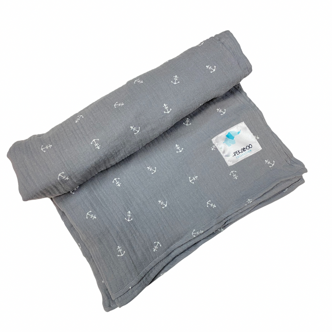Couverture mousseline de coton  -Ancre gris